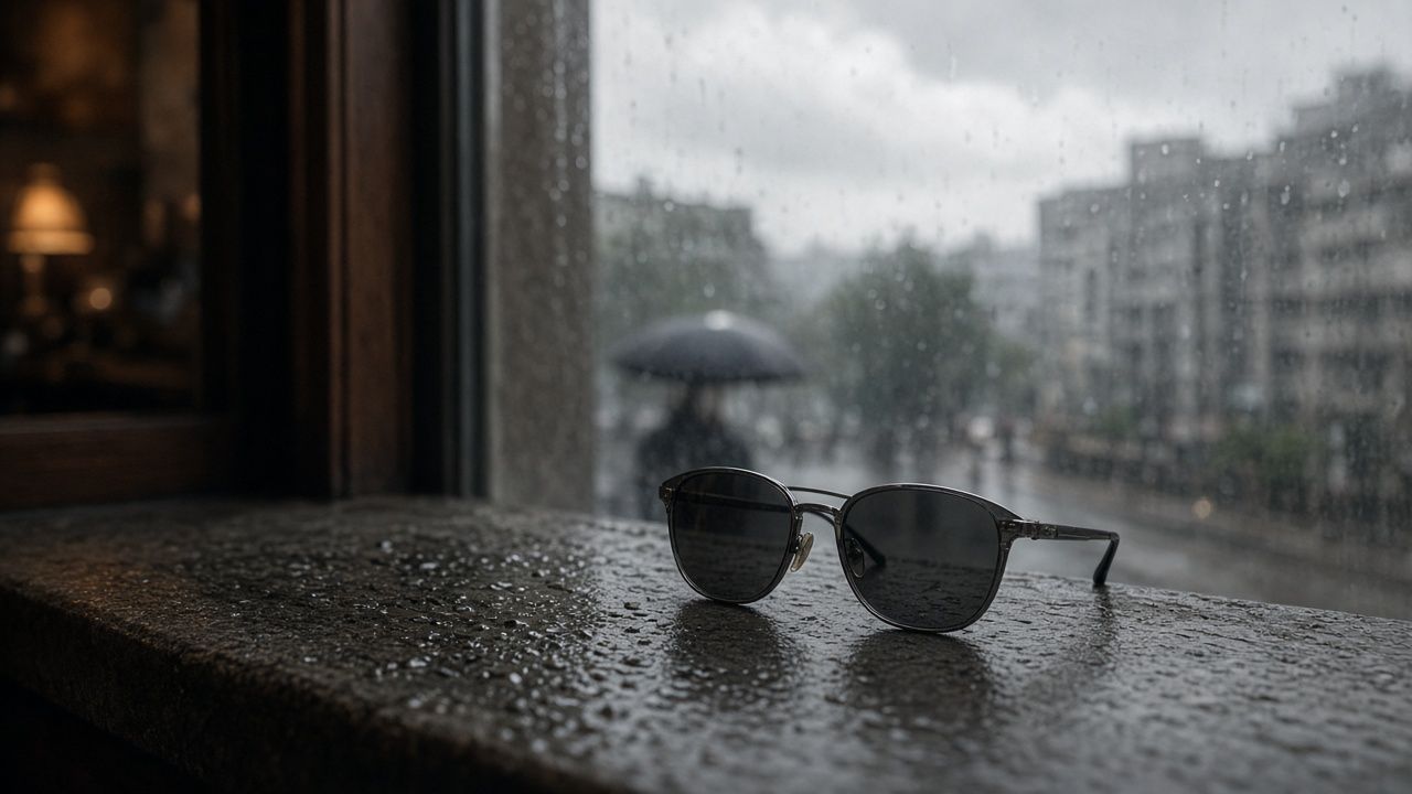 下雨天咖啡廳窗台上的太陽眼鏡，窗外有撐傘的行人